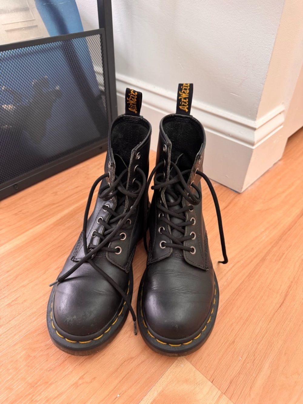 Dr. Martens Black Leather 8-Eye Lace-Up Boots with Yellow Stitching Pull Tabs